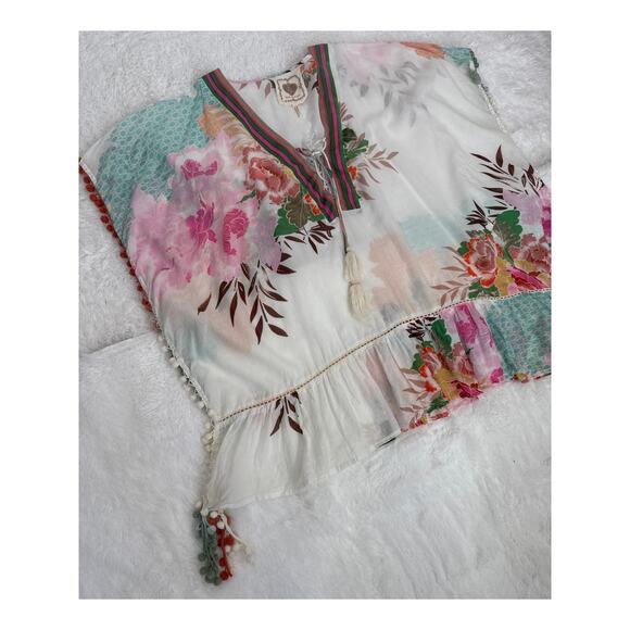 Z&L Europe Floral Print Airy  100% Cotton Pom-Pom Caftan Swim Cover Up OS - Picture 13 of 16